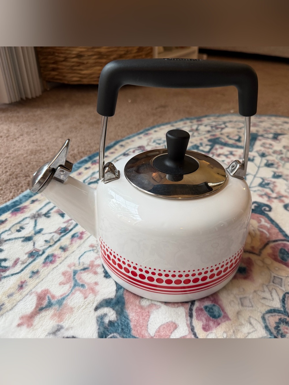 Chantal White and Red Dot Freida Pattern Whistling Tea Kettle with Black Handle